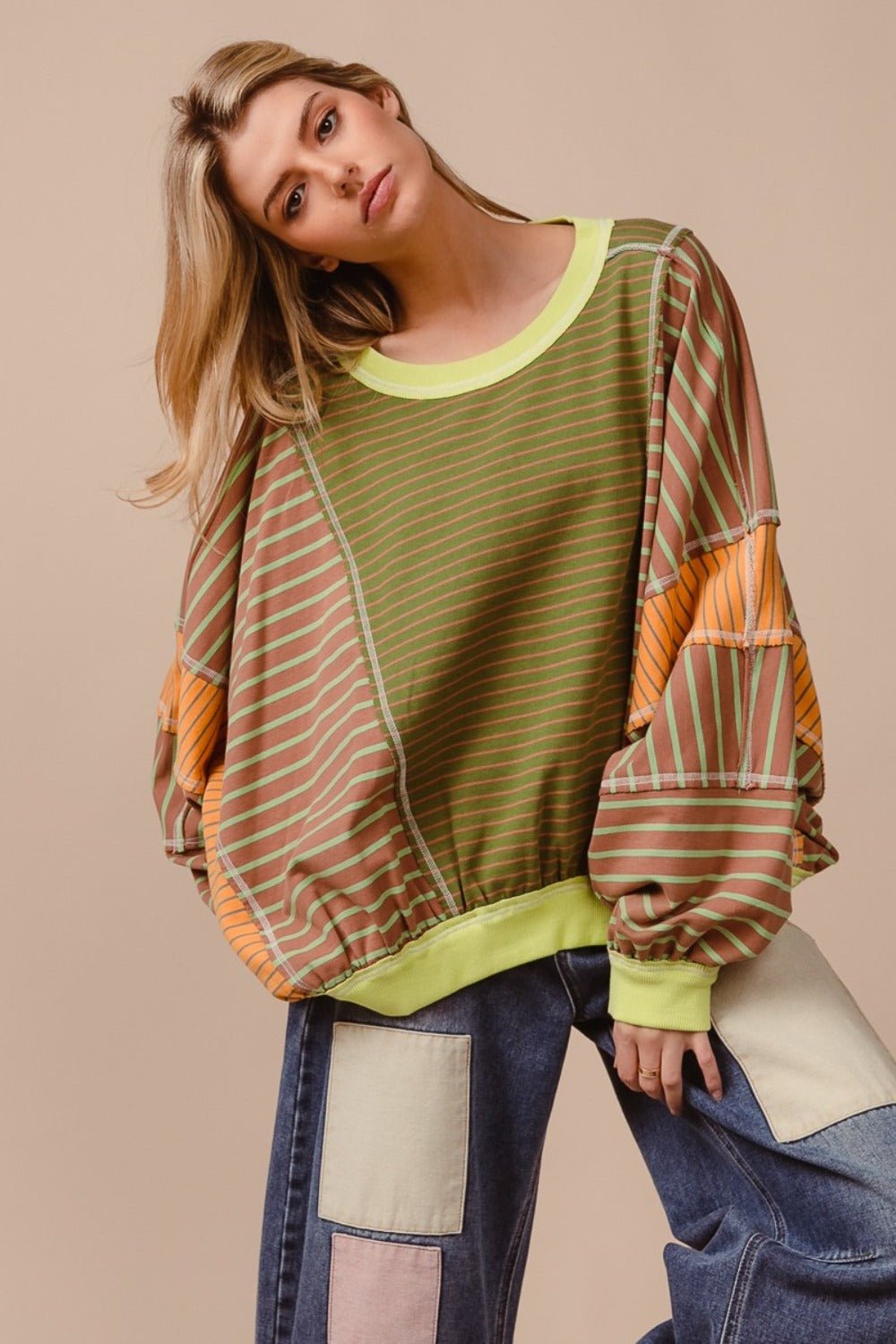 BiBi Color Block Striped Round Neck Sweatshirt - Sweatshirt - Olive/Latte - Bella Bourget