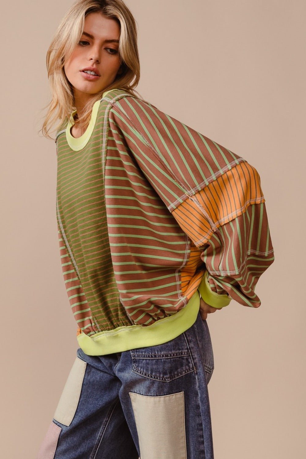 BiBi Color Block Striped Round Neck Sweatshirt - Sweatshirt - Olive/Latte - Bella Bourget