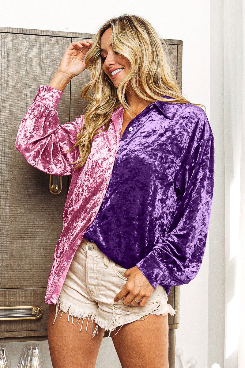 BiBi Contrast Button Up Long Sleeve Shirt - Top - LAVENDER/PURPLE - Bella Bourget