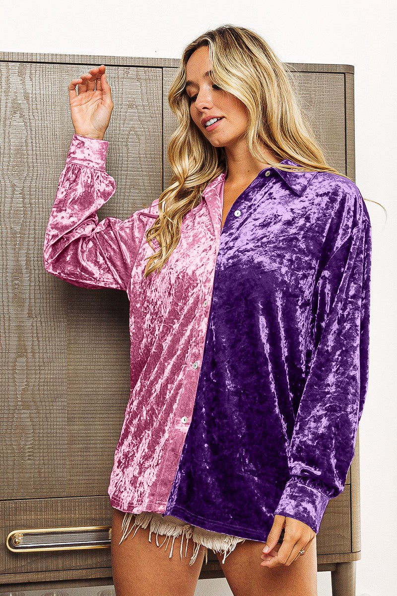 BiBi Contrast Button Up Long Sleeve Shirt - Top - LAVENDER/PURPLE - Bella Bourget