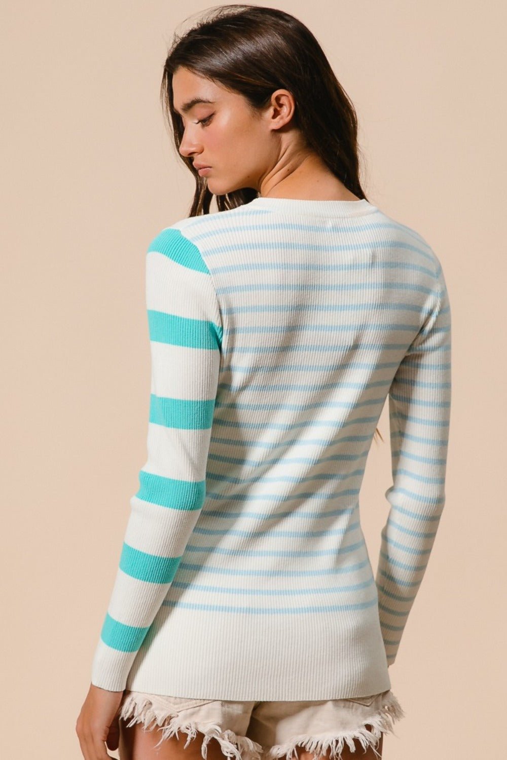 BiBi Contrast Striped Asymmetrical Hem Knit Top - Top - Mint/Ivory - Bella Bourget