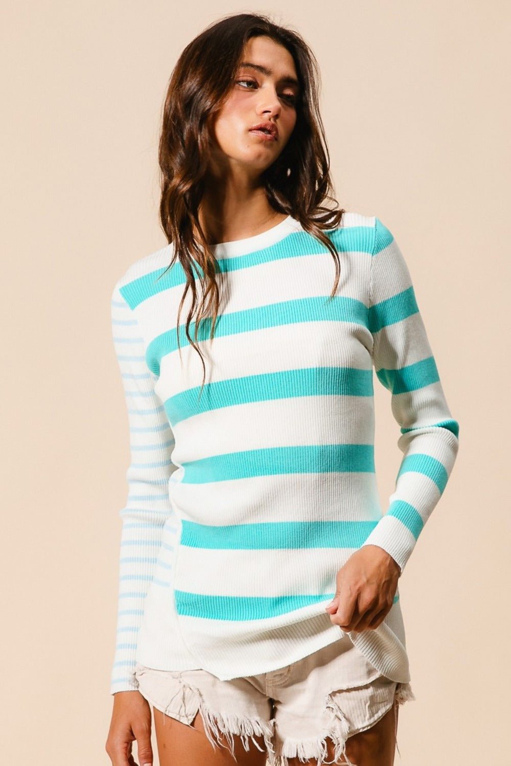 BiBi Contrast Striped Asymmetrical Hem Knit Top - Top - Mint/Ivory - Bella Bourget