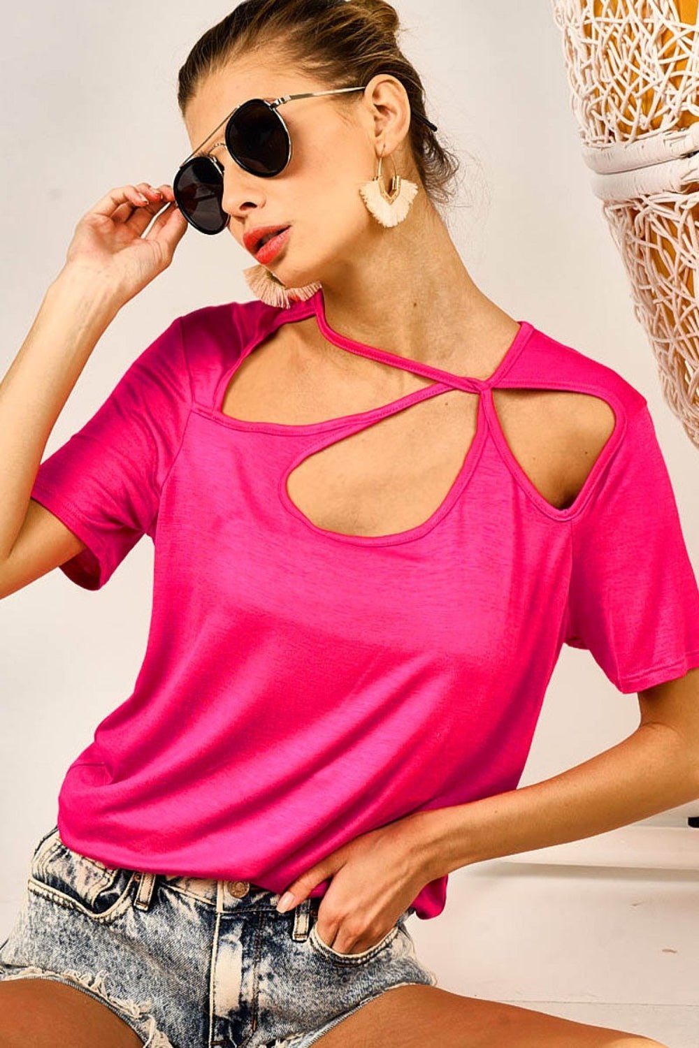 BiBi Cutout Asymmetrical Neck Short Sleeve T - Shirt - Top - Fuchsia - Bella Bourget