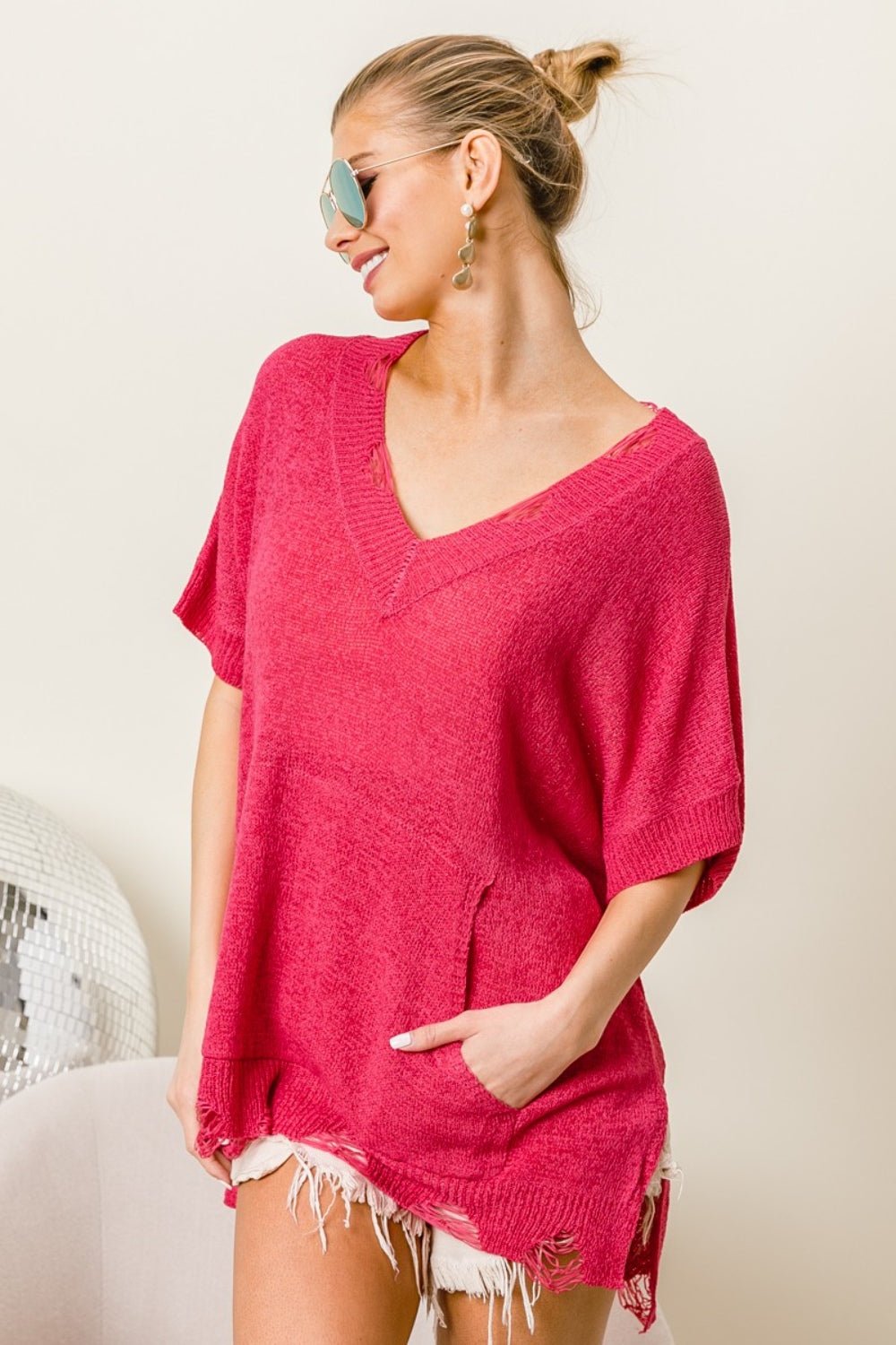 BiBi Distressed Hem V - Neck Slit Sweater - Sweater - Fuchsia - Bella Bourget