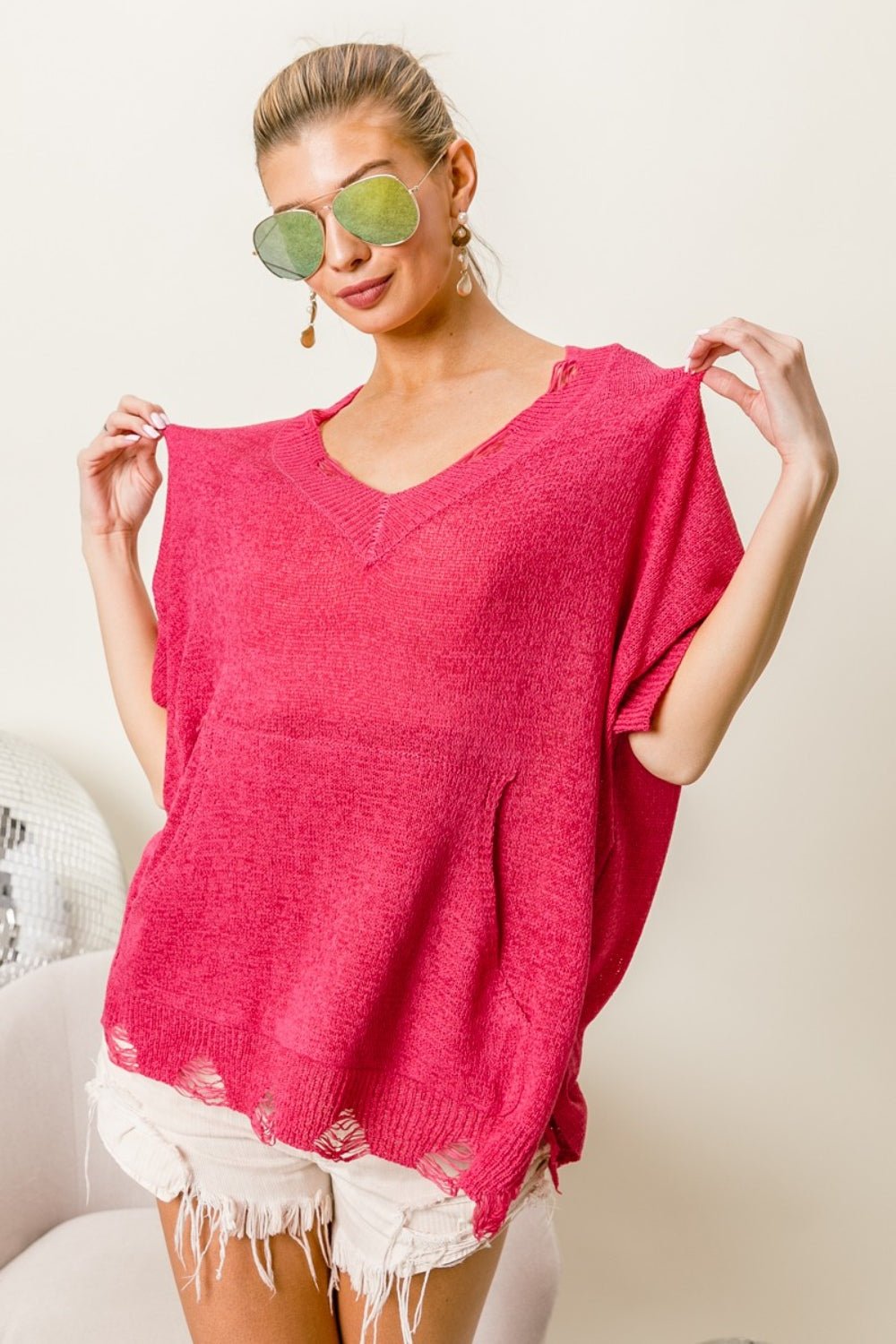 BiBi Distressed Hem V - Neck Slit Sweater - Sweater - Fuchsia - Bella Bourget