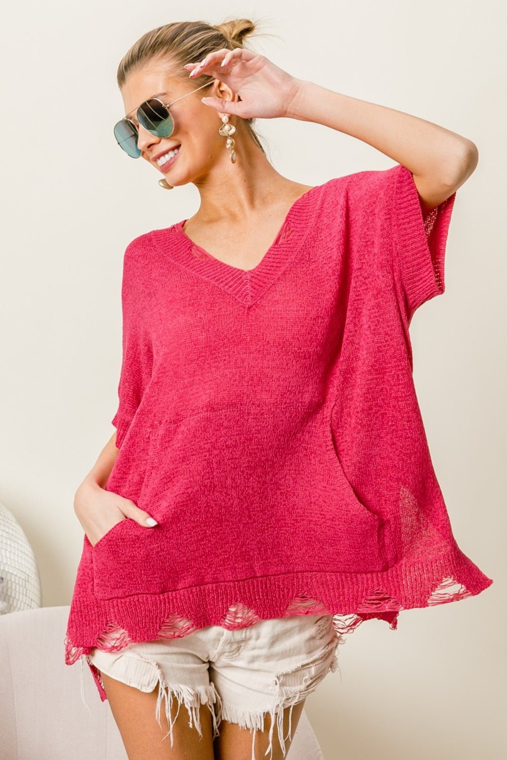 BiBi Distressed Hem V - Neck Slit Sweater - Sweater - Fuchsia - Bella Bourget