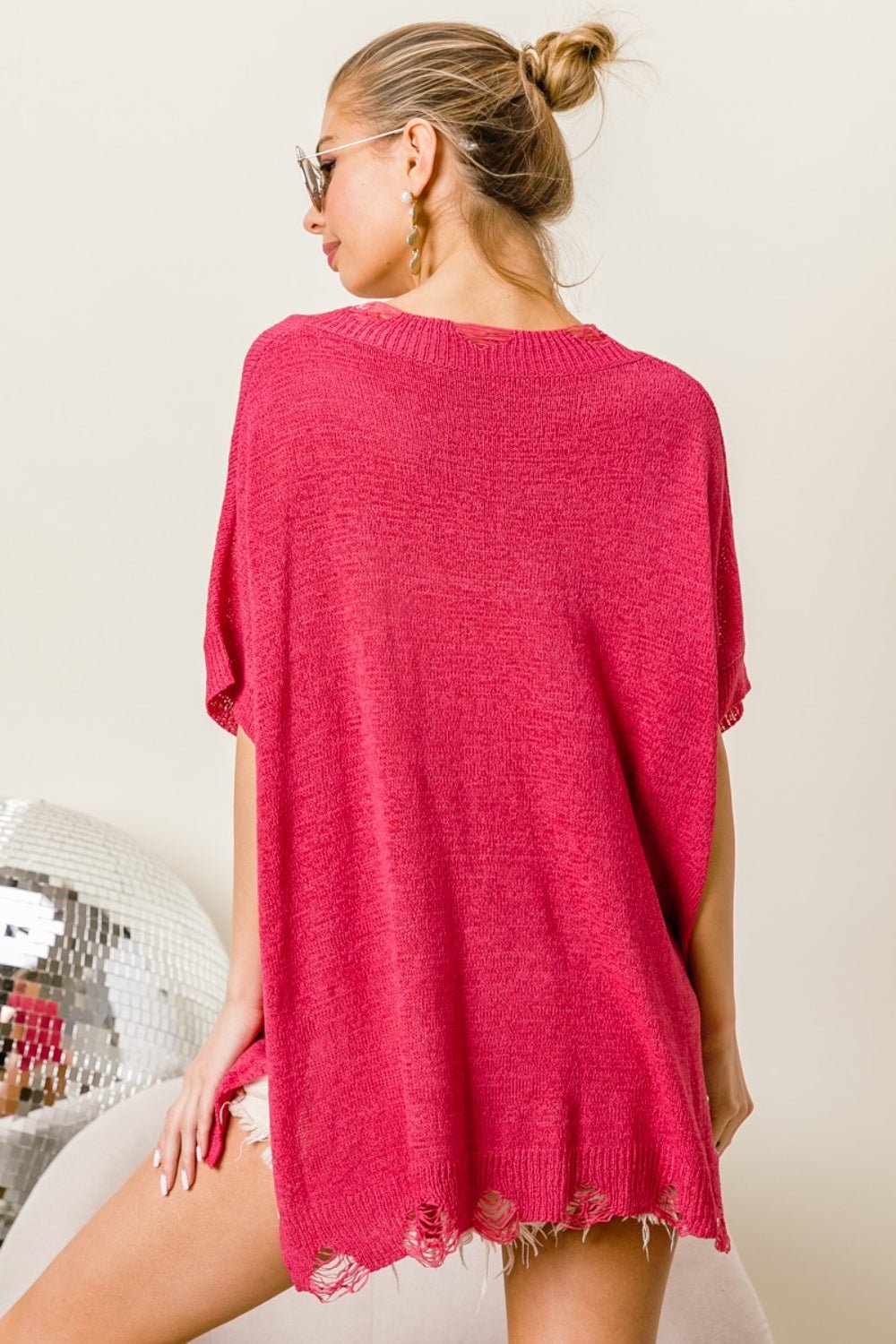 BiBi Distressed Hem V - Neck Slit Sweater - Sweater - Fuchsia - Bella Bourget