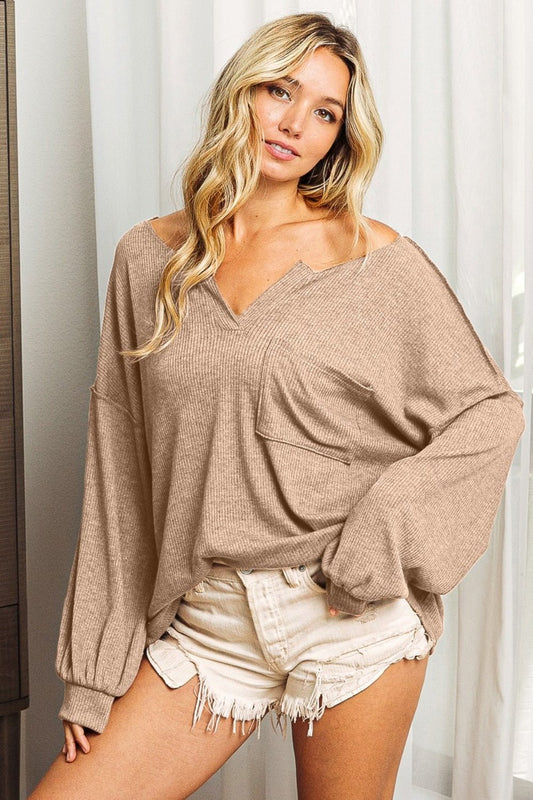 BiBi Exposed Seam Long Sleeve Top - Top - TAUPE - Bella Bourget