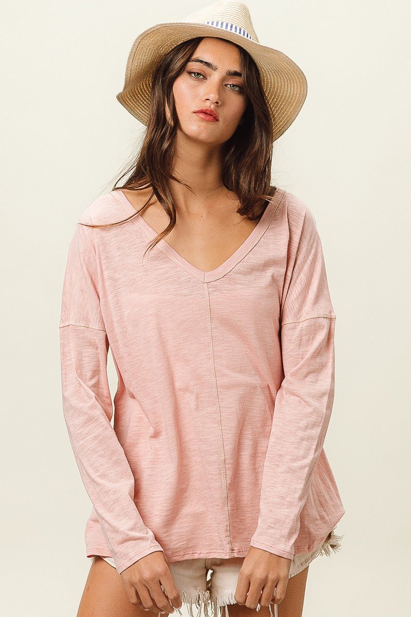 BiBi Exposed Seam V - Neck Long Sleeve T - Shirt - Top - BLUSH - Bella Bourget