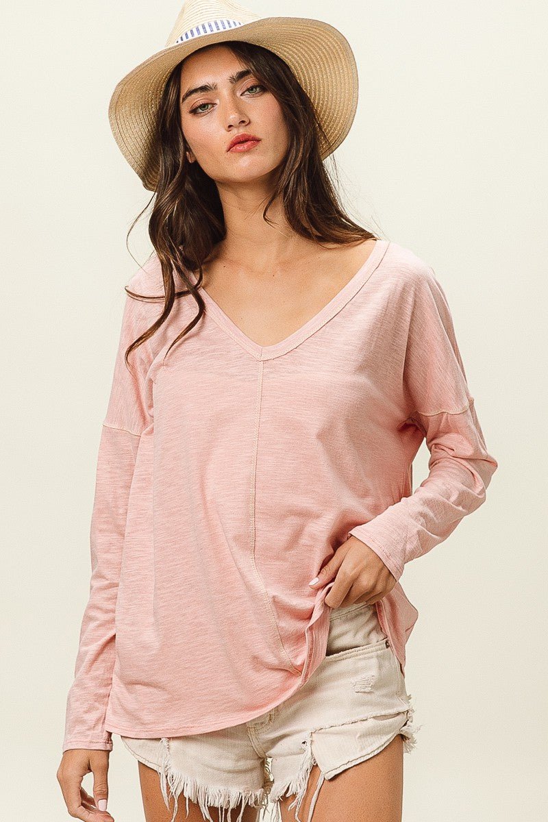 BiBi Exposed Seam V - Neck Long Sleeve T - Shirt - Top - BLUSH - Bella Bourget