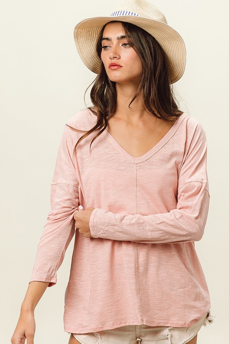 BiBi Exposed Seam V - Neck Long Sleeve T - Shirt - Top - BLUSH - Bella Bourget