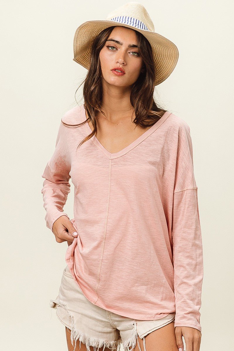 BiBi Exposed Seam V - Neck Long Sleeve T - Shirt - Top - BLUSH - Bella Bourget