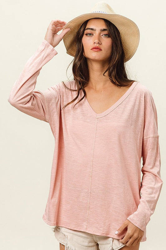 BiBi Exposed Seam V - Neck Long Sleeve T - Shirt - Top - BLUSH - Bella Bourget