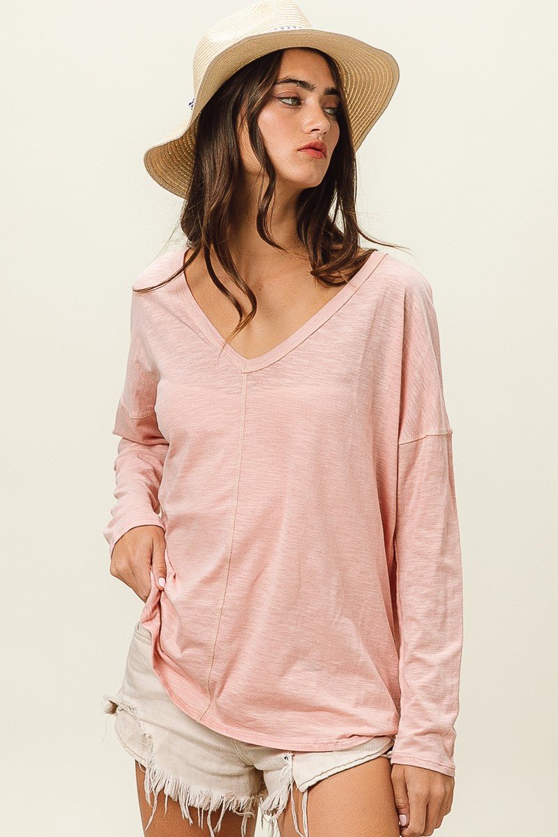 BiBi Exposed Seam V - Neck Long Sleeve T - Shirt - Top - BLUSH - Bella Bourget