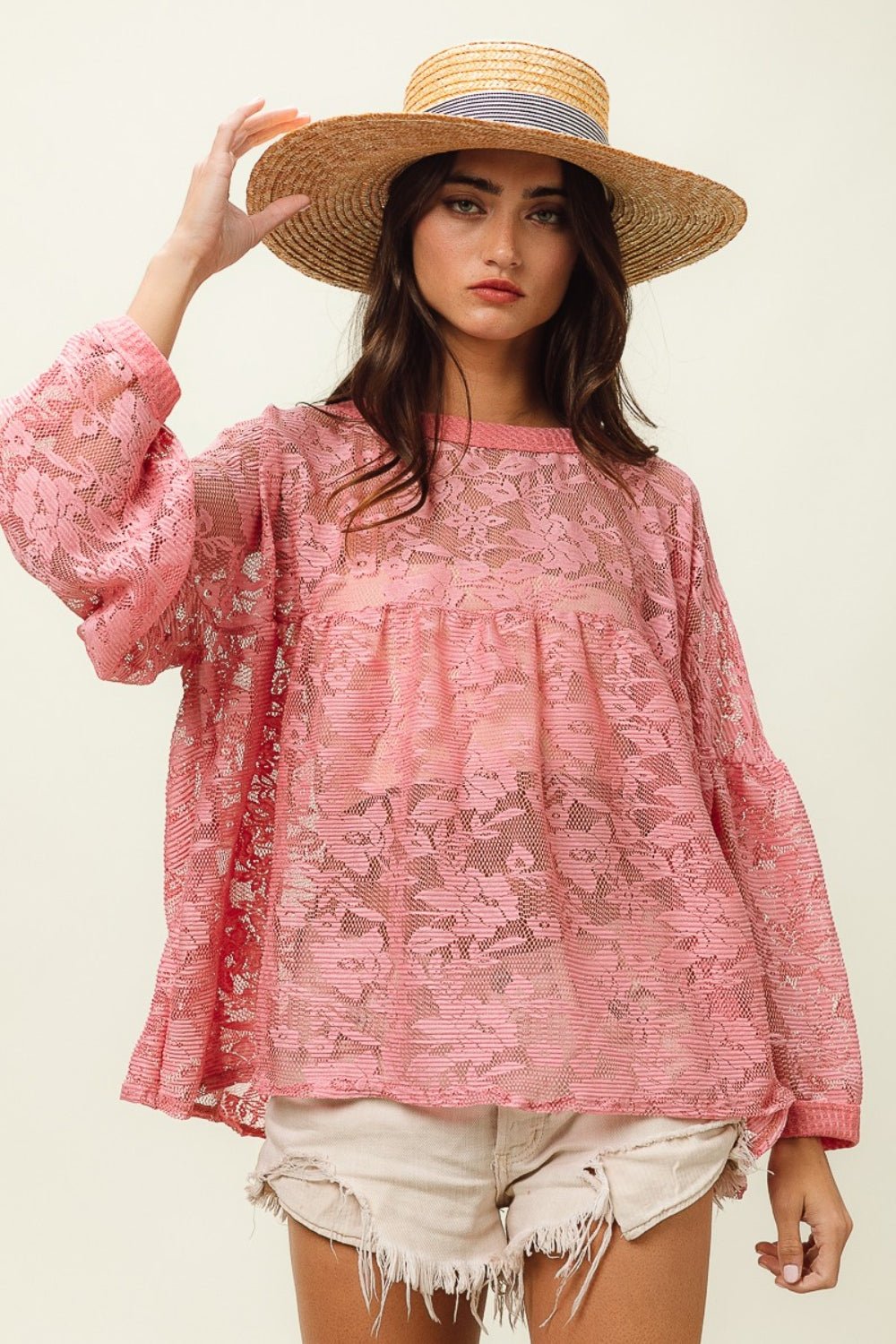 BiBi Floral Lace Long Sleeve Top - Top - Mauve - Bella Bourget