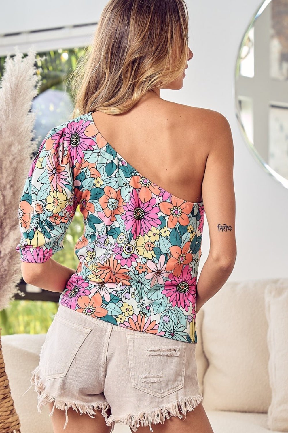 BiBi Floral Puff Sleeve One Shoulder Top - Top - Multi - Bella Bourget