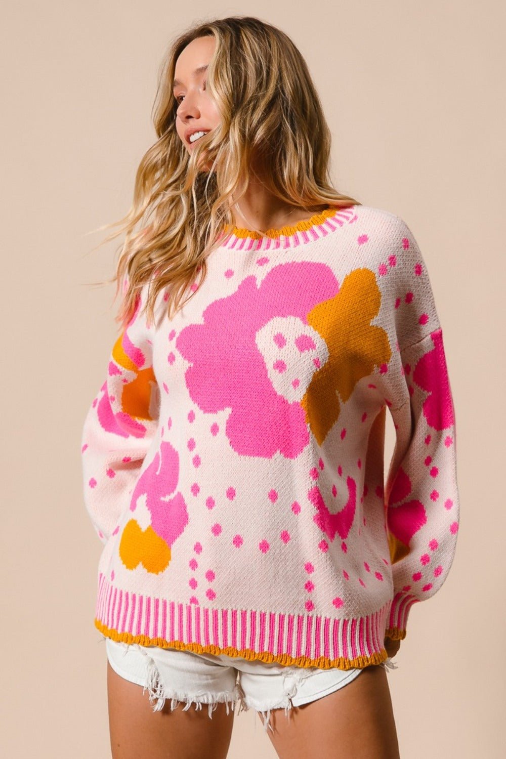 BiBi Flower Pattern Contrast Sweater - Sweater - Pink Combo - Bella Bourget