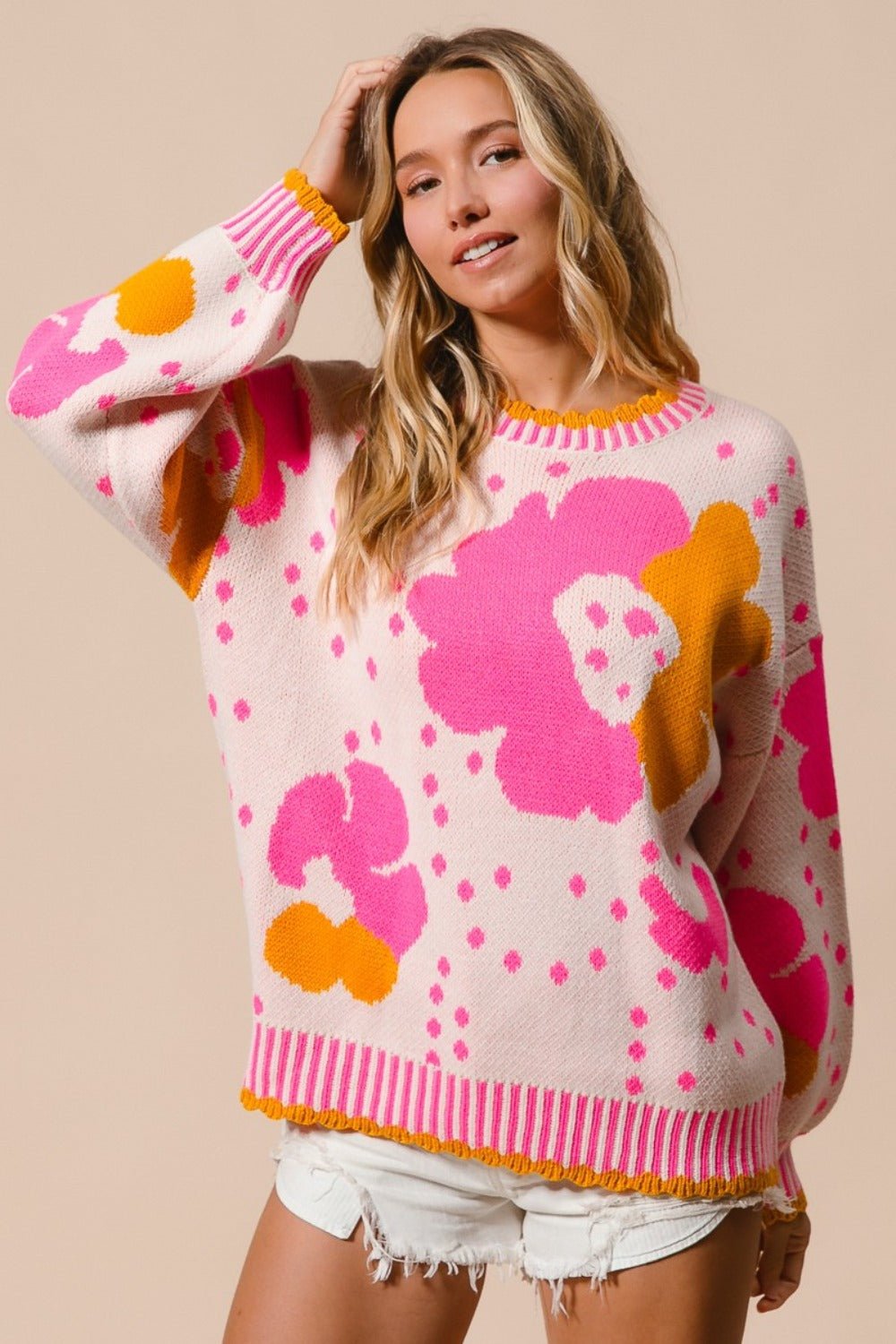 BiBi Flower Pattern Contrast Sweater - Sweater - Pink Combo - Bella Bourget