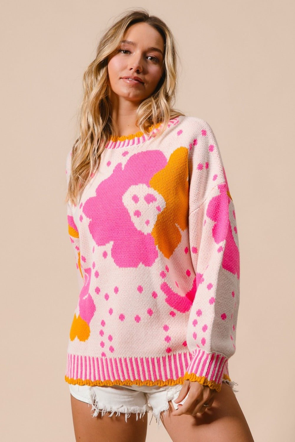 BiBi Flower Pattern Contrast Sweater - Sweater - Pink Combo - Bella Bourget