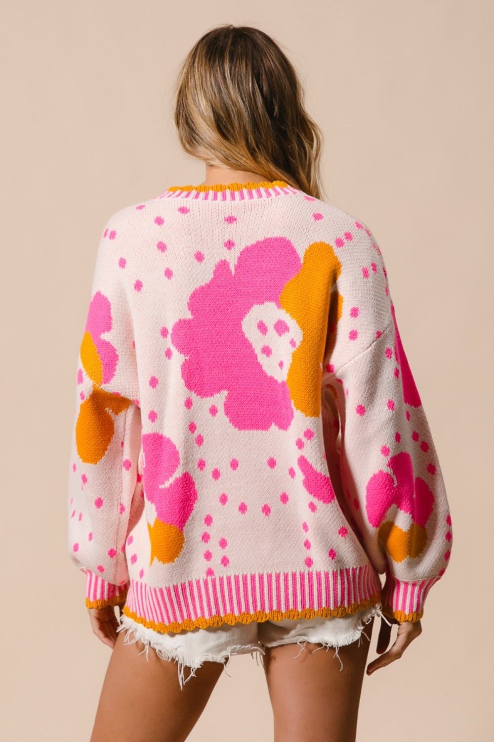 BiBi Flower Pattern Contrast Sweater - Sweater - Pink Combo - Bella Bourget