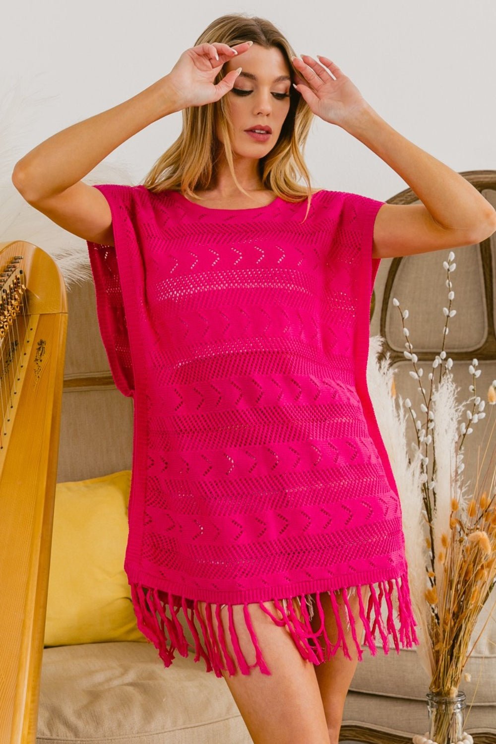 BiBi Fringed Hem Knit Top - Knit Top - Fuchsia - Bella Bourget