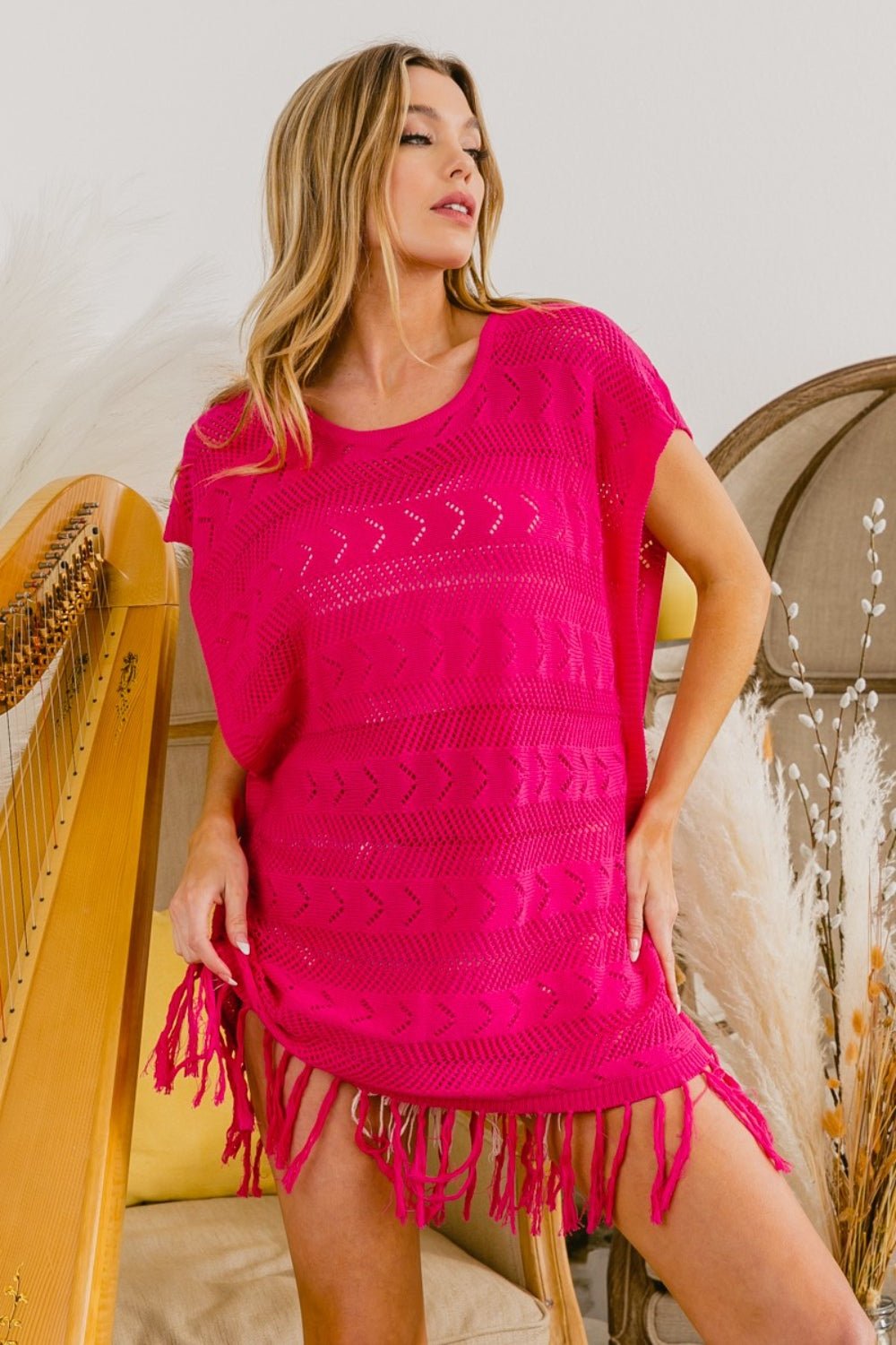 BiBi Fringed Hem Knit Top - Knit Top - Fuchsia - Bella Bourget