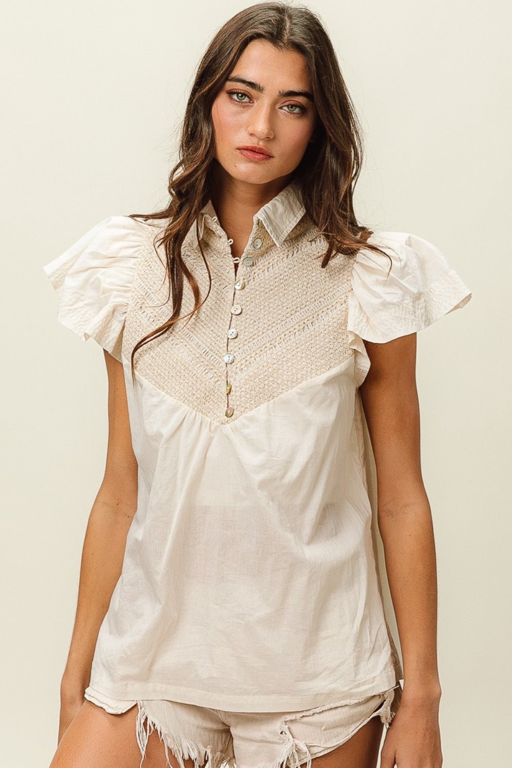 BiBi Half Button Collared Neck Short Sleeve Top - Top - Ivory - Bella Bourget