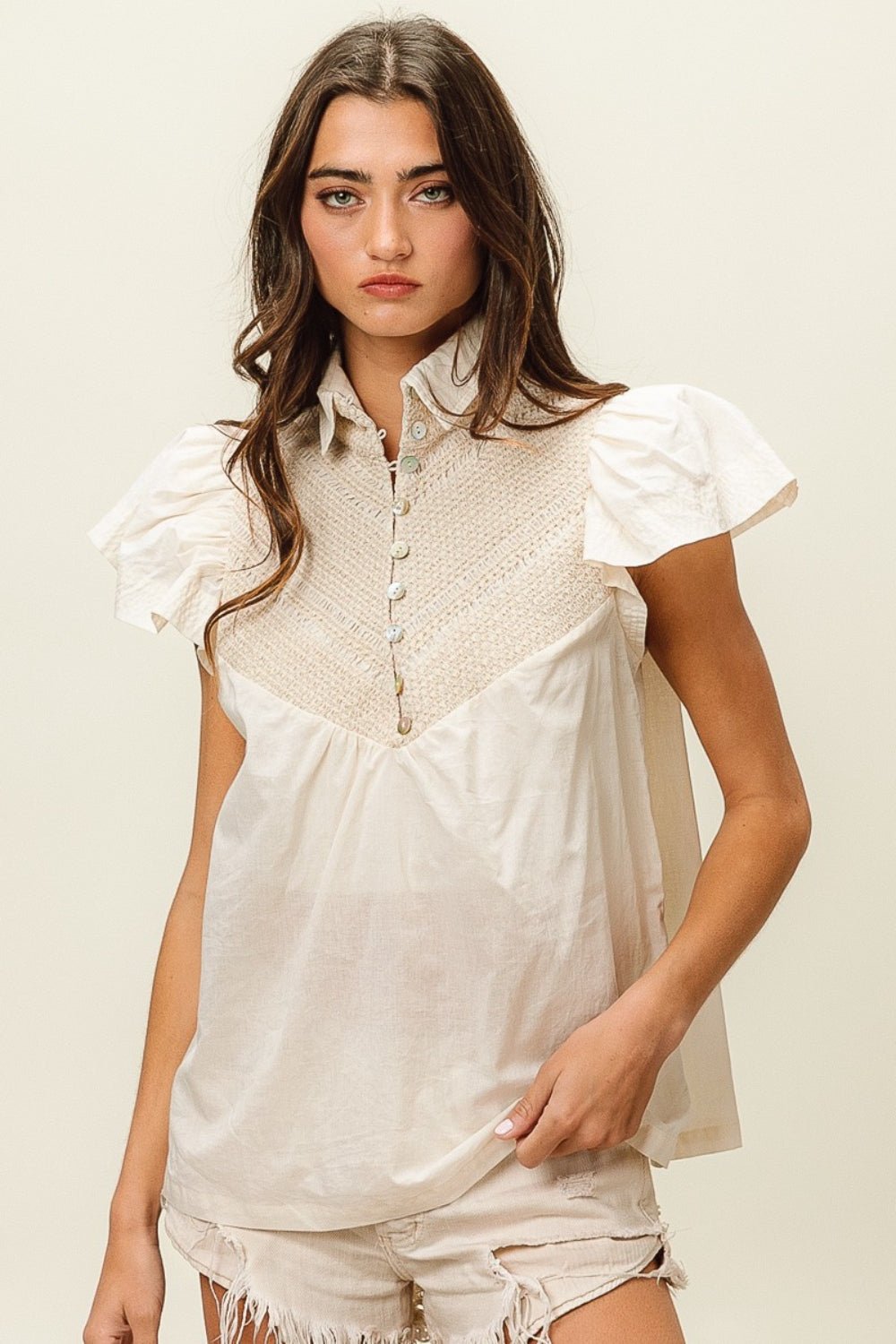 BiBi Half Button Collared Neck Short Sleeve Top - Top - Ivory - Bella Bourget