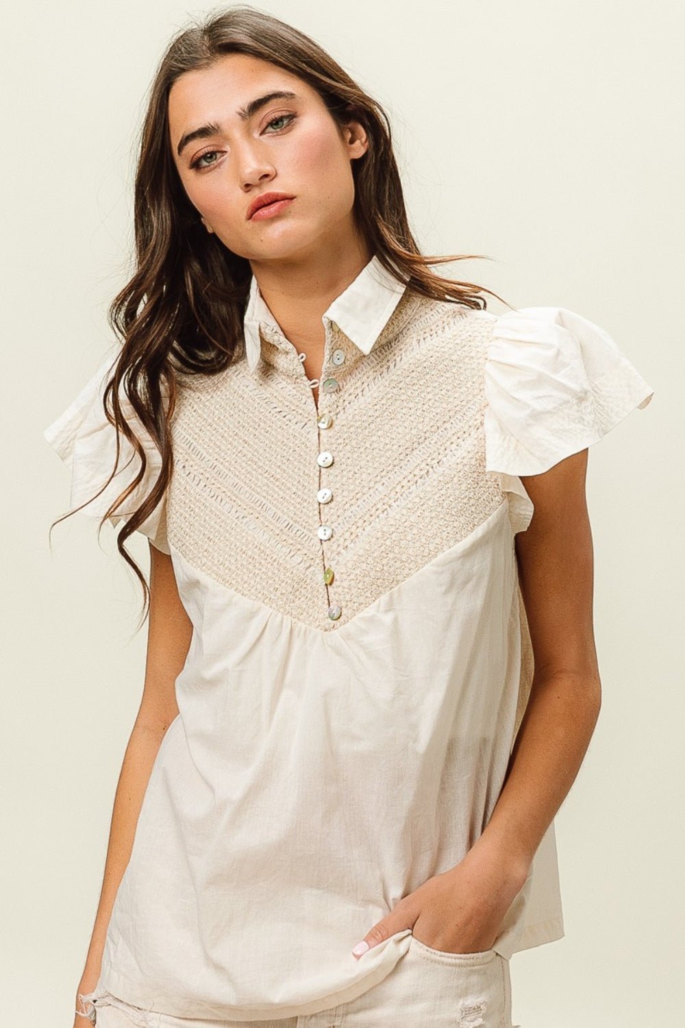 BiBi Half Button Collared Neck Short Sleeve Top - Top - Ivory - Bella Bourget