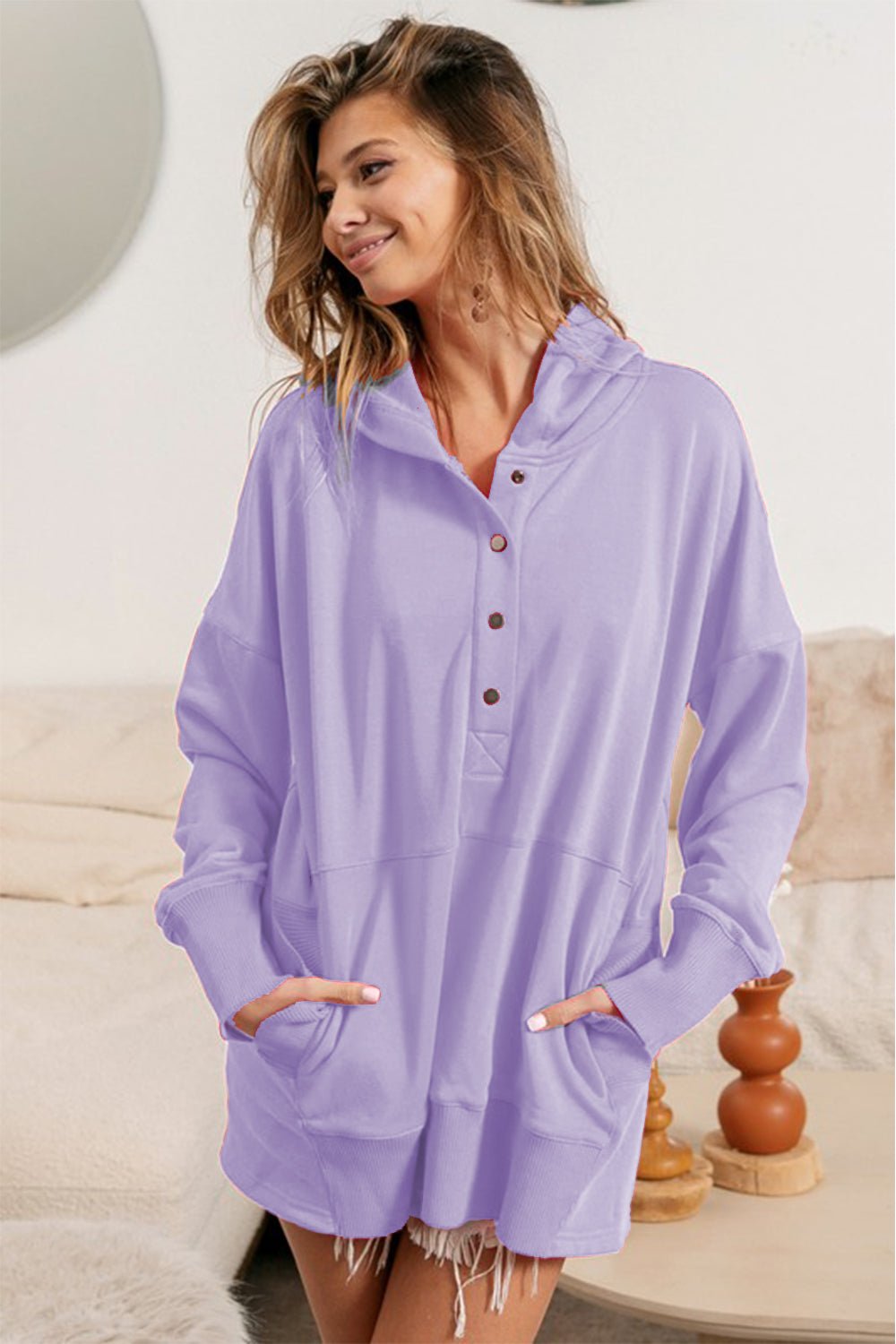 BiBi Half Snap Dropped Shoulder Hoodie - Hoodie - LAVENDER - Bella Bourget