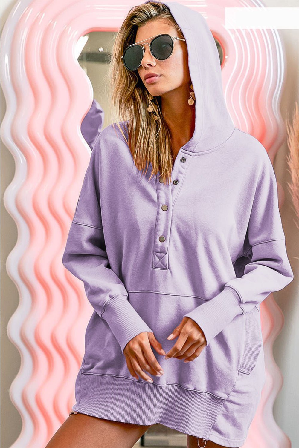 BiBi Half Snap Dropped Shoulder Hoodie - Hoodie - LAVENDER - Bella Bourget