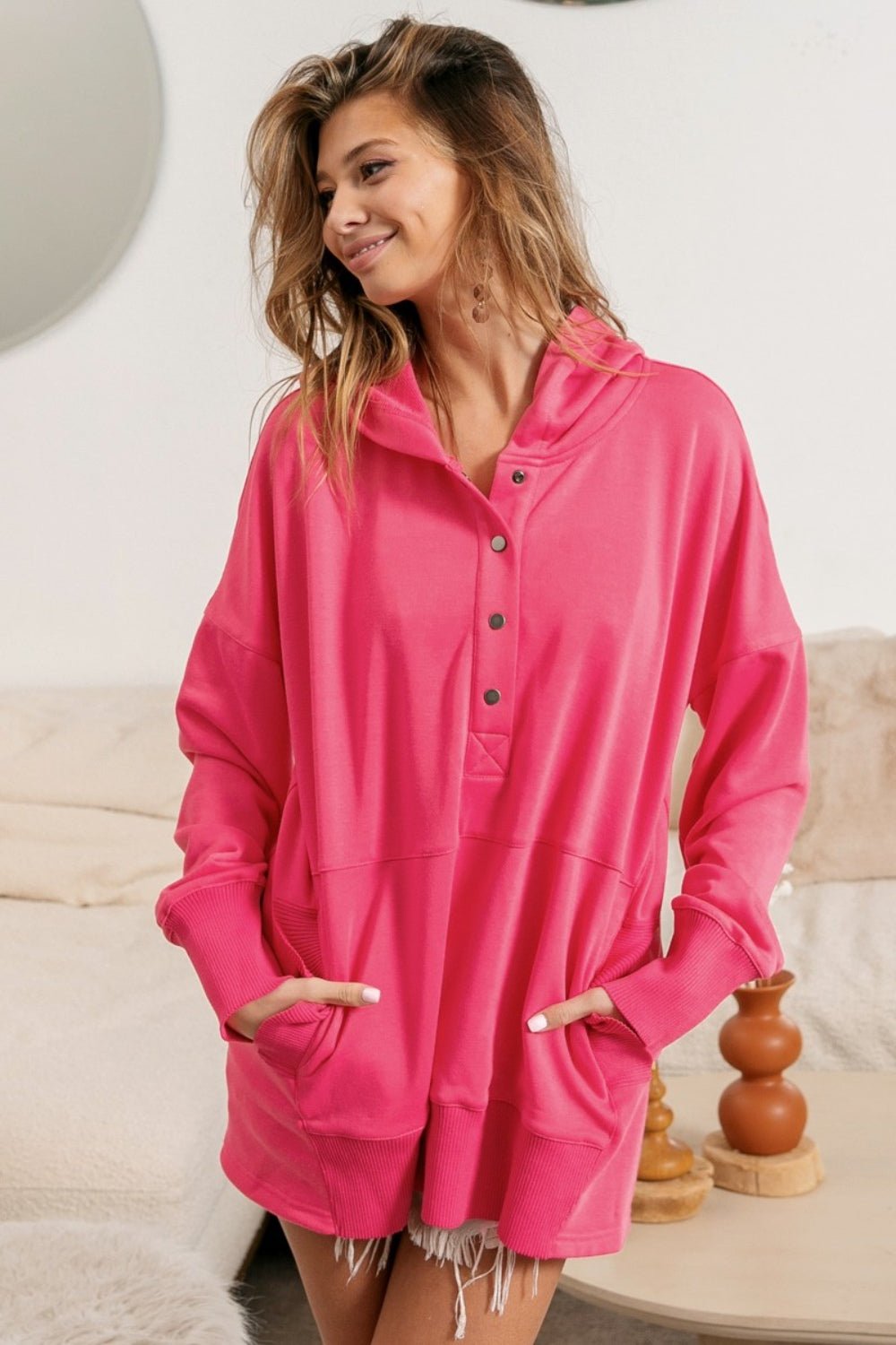 BiBi Half Snap Thumbhole Long Sleeve Hoodie - Hoodie - FUCHSIA - Bella Bourget