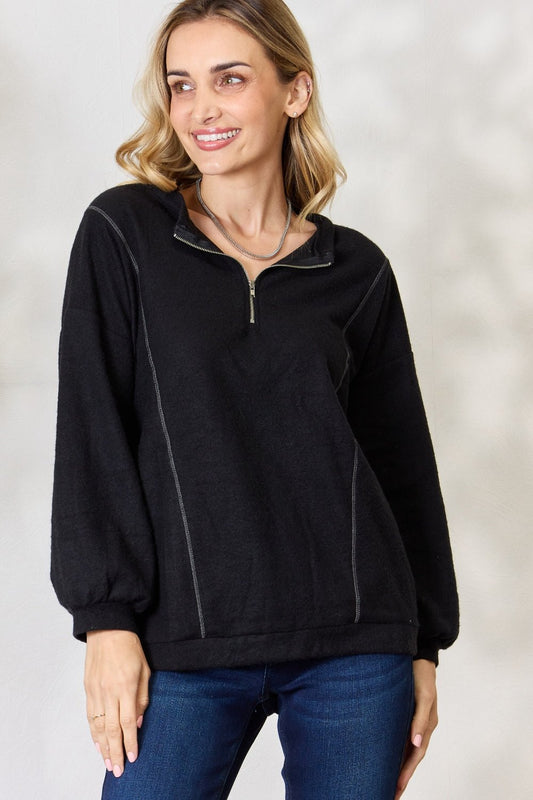 BiBi Half Zip Brushed Terry Long Sleeve Top - Top - Black - Bella Bourget