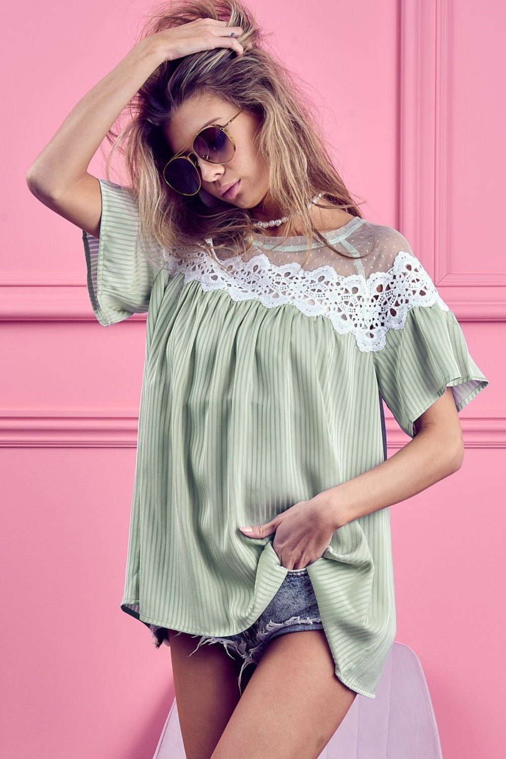 BiBi Lace Detail Short Sleeve Striped Blouse - Top - Sage - Bella Bourget