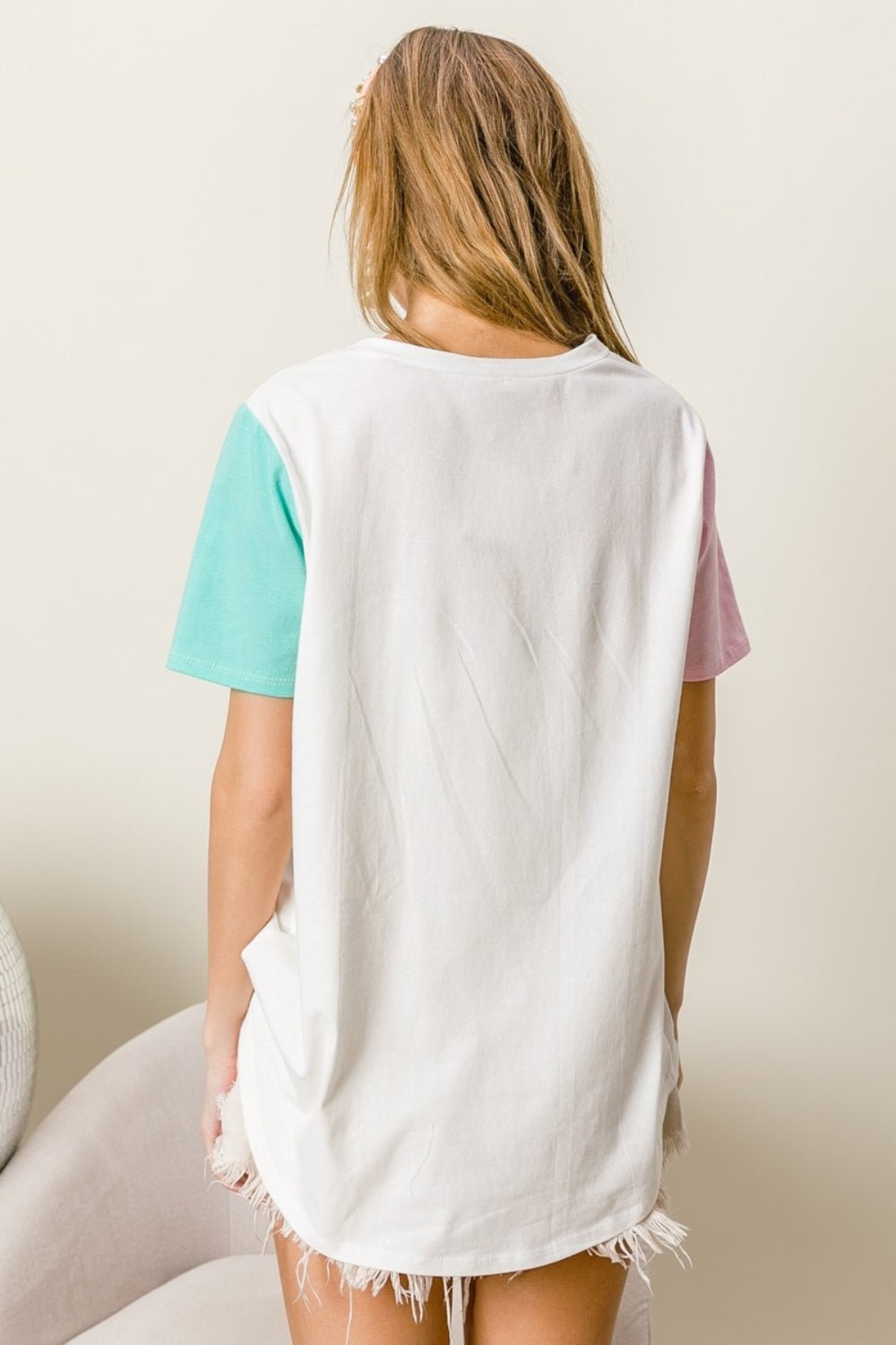 BiBi Letter Patch V - Neck Color Block Short Sleeve T - Shirt - Top - Ivory/Pink/Mint - Bella Bourget