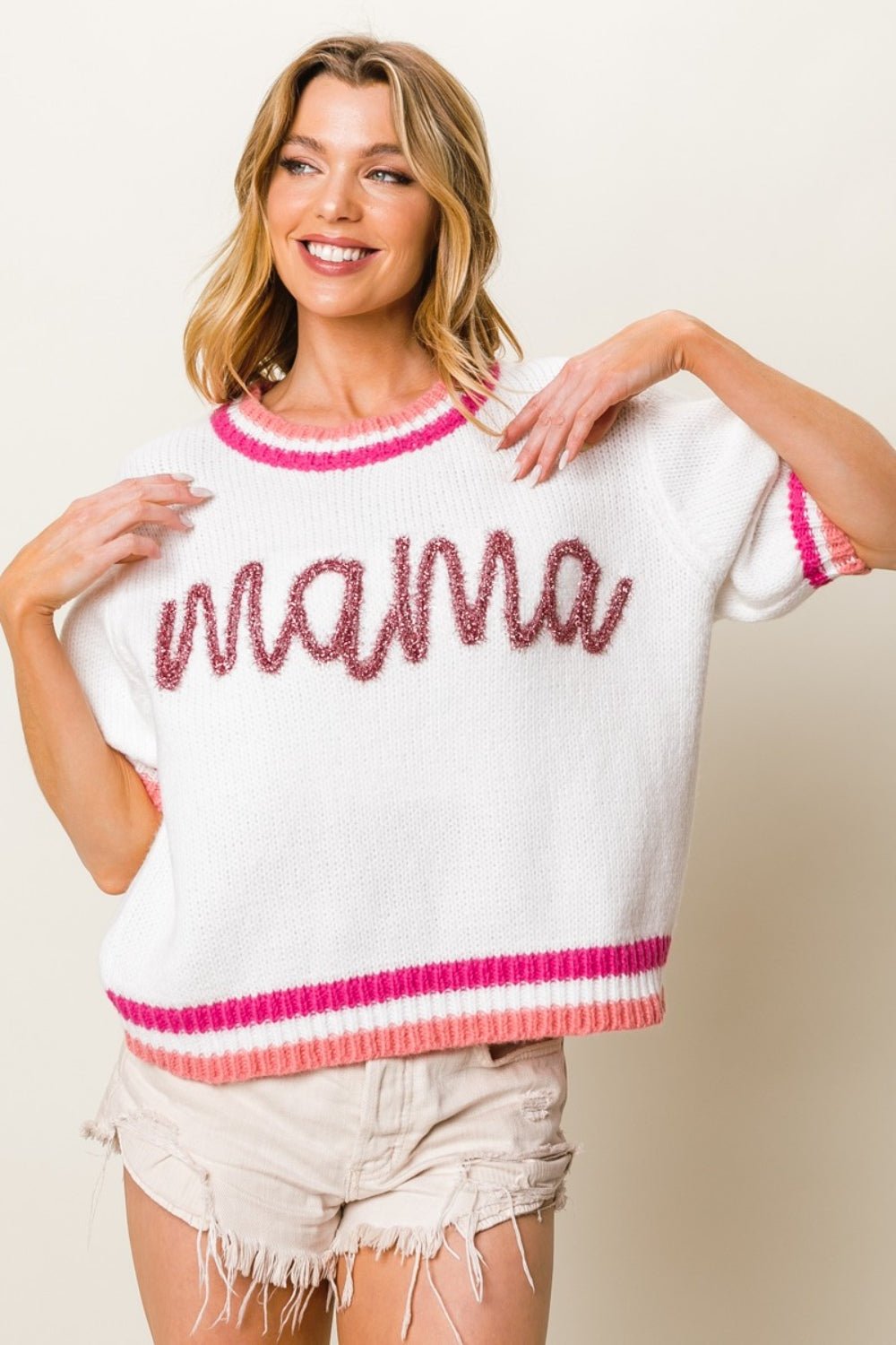 BiBi MAMA Contrast Trim Short Sleeve Sweater - Sweatshirt - FuchsiaMulti - Bella Bourget