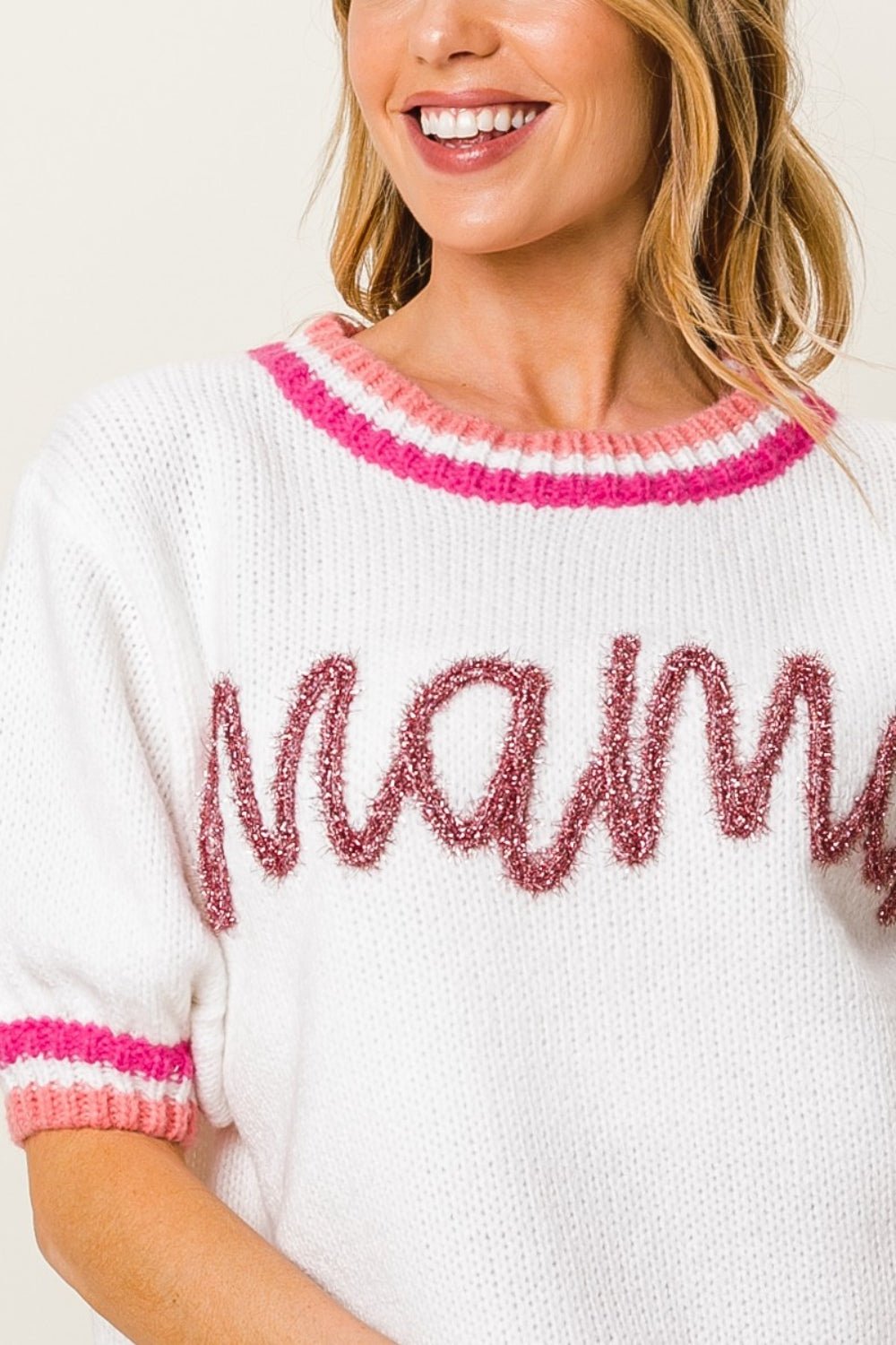 BiBi MAMA Contrast Trim Short Sleeve Sweater - Sweatshirt - FuchsiaMulti - Bella Bourget