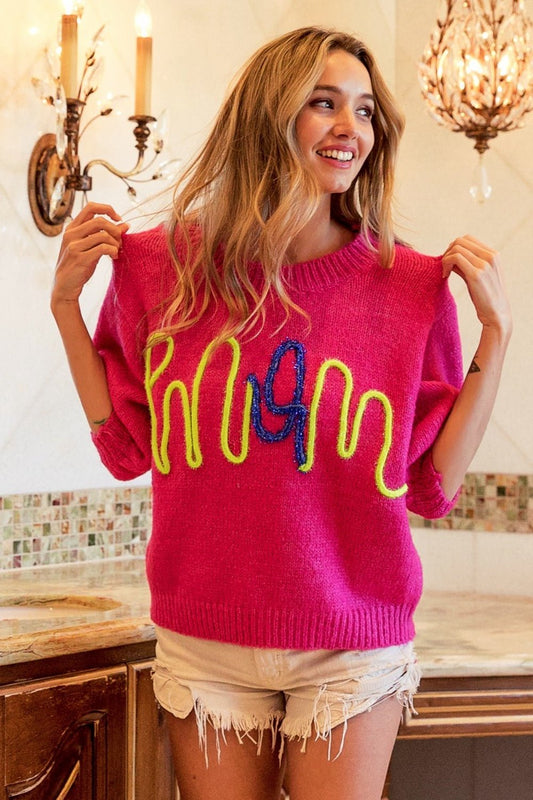 BiBi MOM Contrast Round Neck Sweater - Sweatshirt - FUCHSIA - Bella Bourget