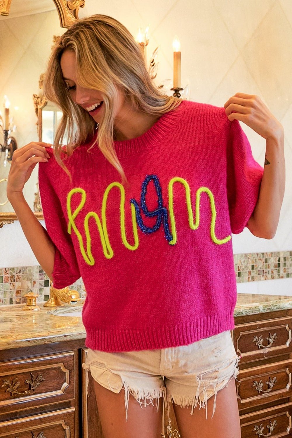 BiBi MOM Contrast Round Neck Sweater - Sweatshirt - FUCHSIA - Bella Bourget