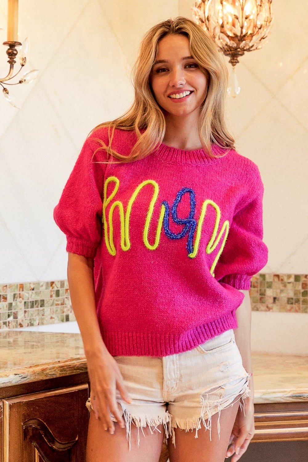 BiBi MOM Contrast Round Neck Sweater - Sweatshirt - FUCHSIA - Bella Bourget