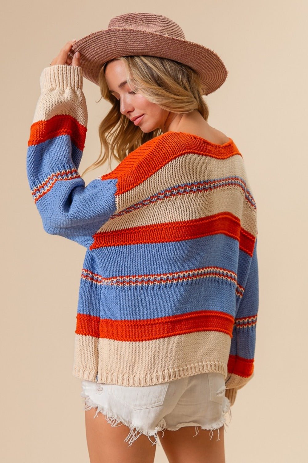 BiBi Multi Color Stripe Scoop Neck Sweater - Sweater - Rust/Oatmeal/Blue - Bella Bourget