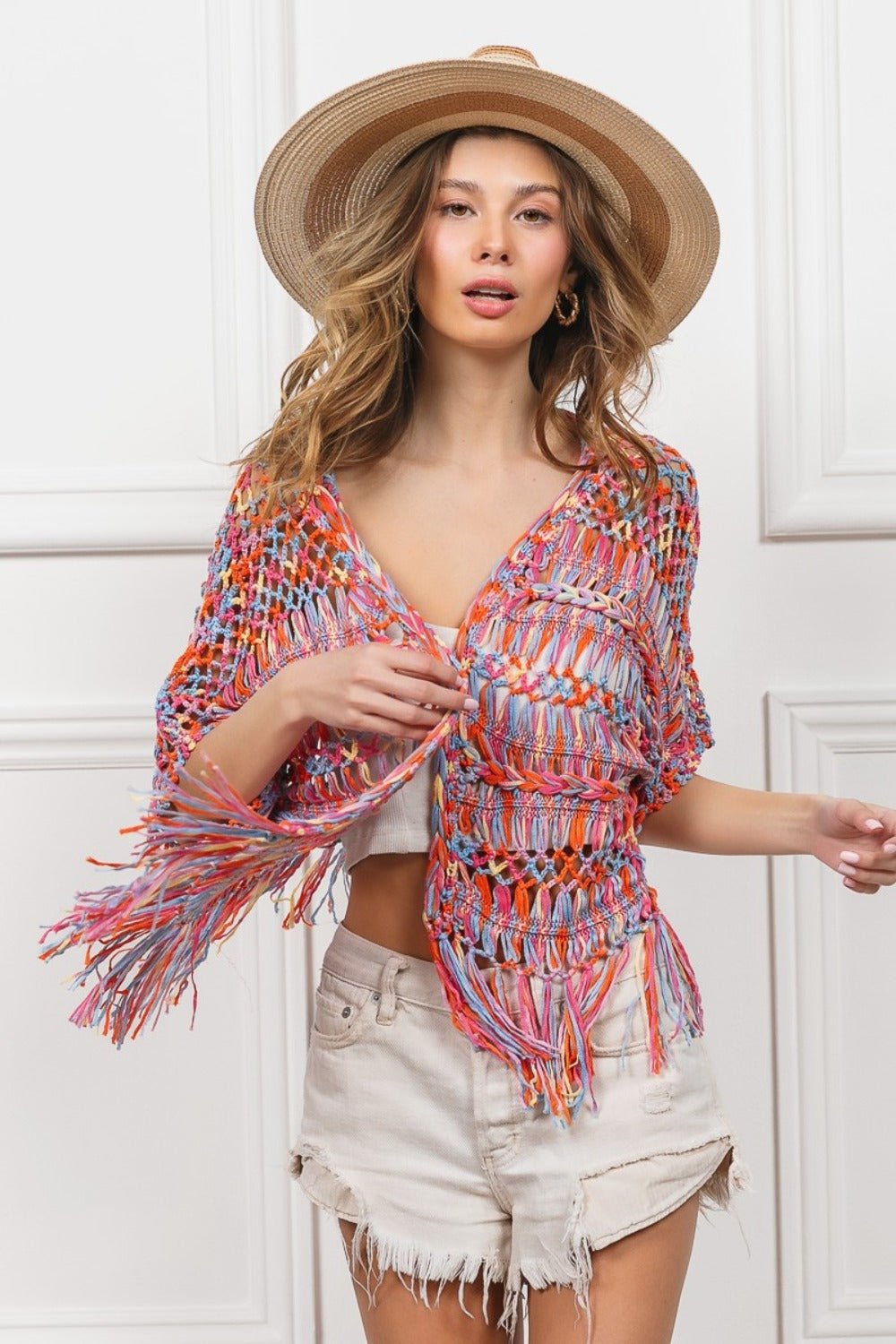 BiBi Open Front Fringed Crop Knit Cardigan - Cardigan - Burnt Orange Multi - Bella Bourget