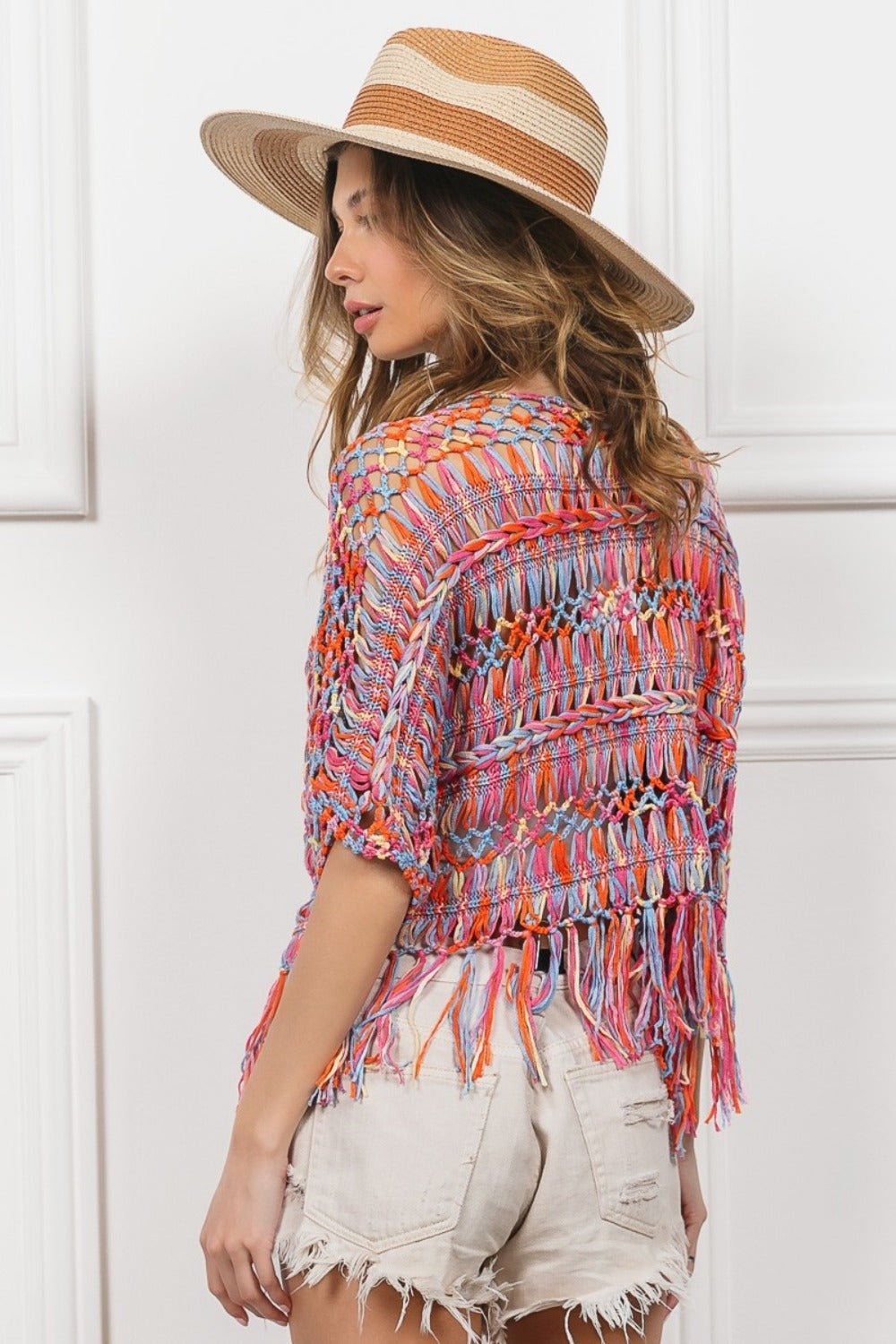 BiBi Open Front Fringed Crop Knit Cardigan - Cardigan - Burnt Orange Multi - Bella Bourget