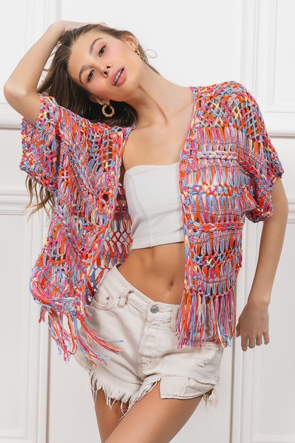 BiBi Open Front Fringed Crop Knit Cardigan - Cardigan - Burnt Orange Multi - Bella Bourget