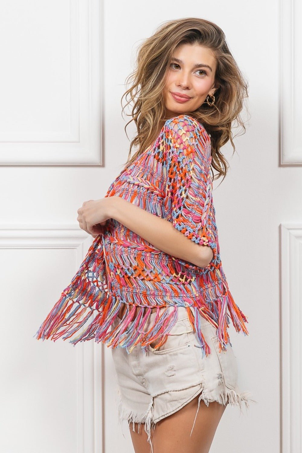 BiBi Open Front Fringed Crop Knit Cardigan - Cardigan - Burnt Orange Multi - Bella Bourget