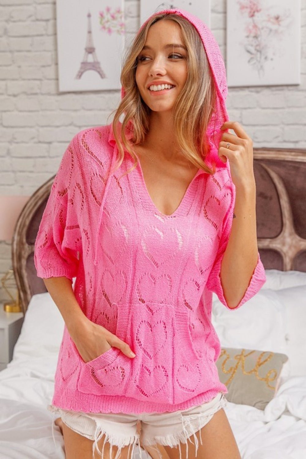 BiBi Openwork Heart Hooded Knit Top - Top - HOTPINK - Bella Bourget