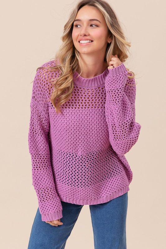 BiBi Openwork Long Sleeve Knit Top - Knit Top - Berry - Bella Bourget