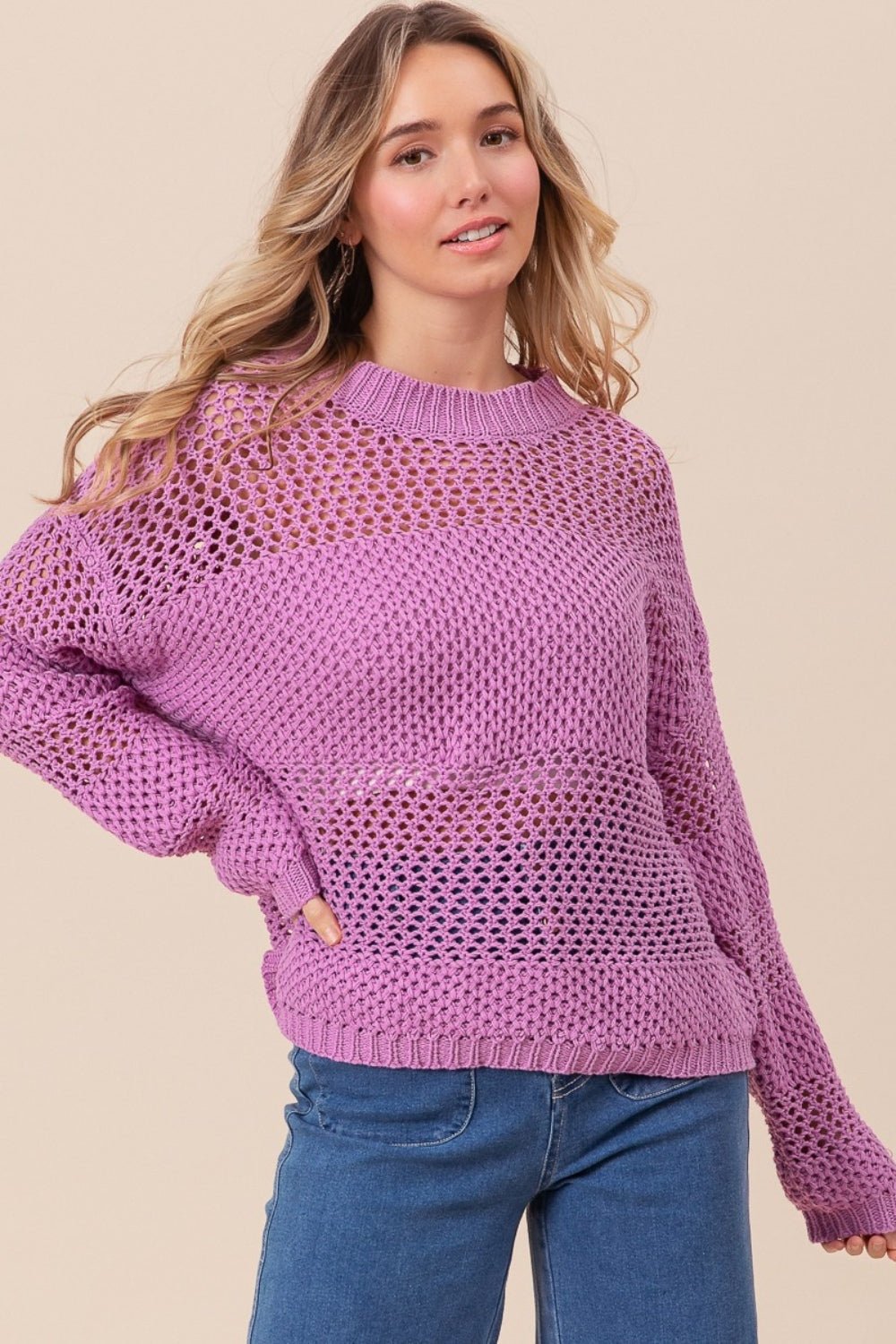 BiBi Openwork Long Sleeve Knit Top - Knit Top - Berry - Bella Bourget