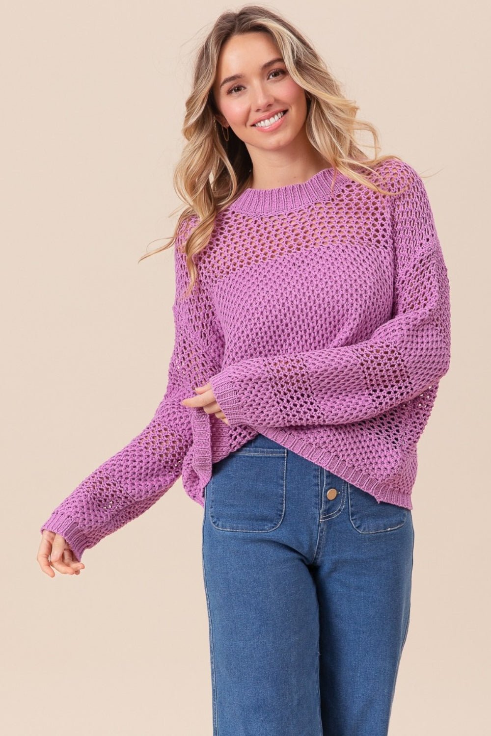 BiBi Openwork Long Sleeve Knit Top - Knit Top - Berry - Bella Bourget