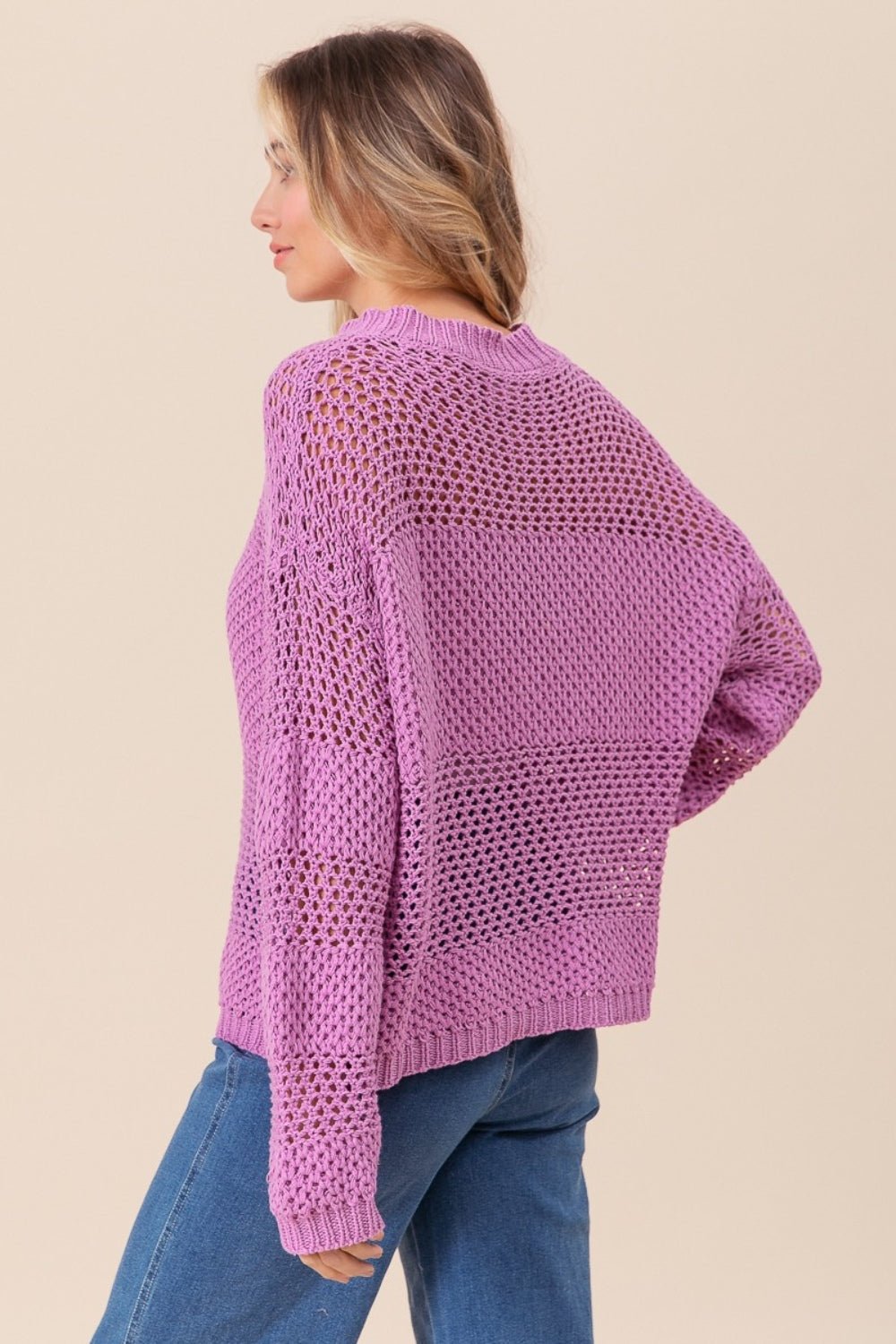 BiBi Openwork Long Sleeve Knit Top - Knit Top - Berry - Bella Bourget